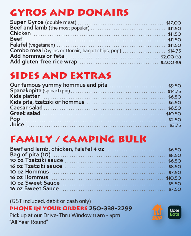 Yummies & Gyros Menu